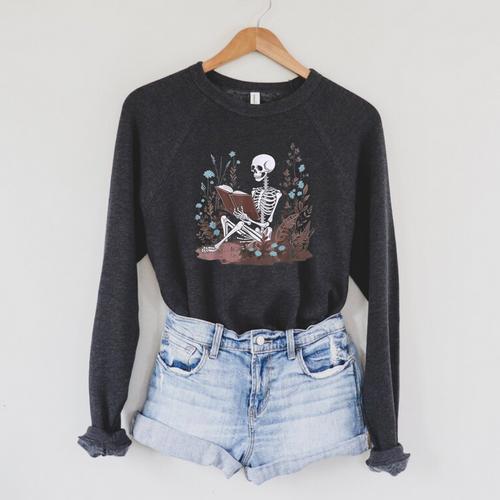 Bookish Cottagecore Aesthetic Floral Skeleton Book Lover Raglan Sleeve Sweatshirt - Bookorys