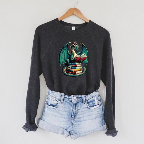 Books Dragon Reading Book Lover Raglan Sleeve Sweatshirt - Bookorys AU