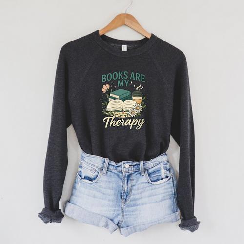 Books Are My Therapy Cozy Book Lover Reading & Coffee Raglan Sleeve Sweatshirt - Bookorys CA