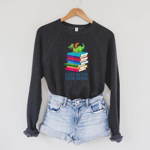 Bookworm Easily Distracted By Dragons And Books Reader Raglan Sleeve Sweatshirt - Bookorys AU