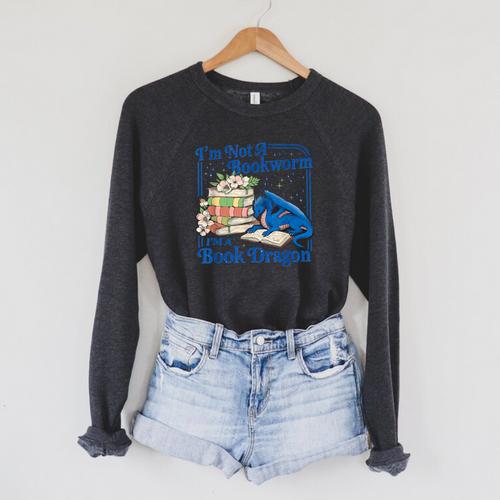 Bookworm I'm A Book Blue Dragon Fantasy Reader Bookish Raglan Sleeve Sweatshirt - Bookorys