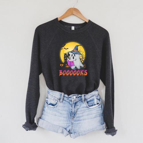 Boooks Cute Ghost Book Reading Halloween 2022 Teacher For Men Women Kids Raglan Sleeve Sweatshirt - Bookorys CA
