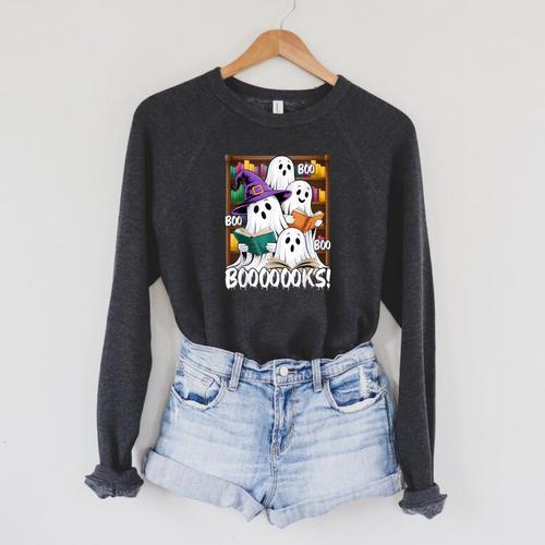 Boooks Ghosts Reading Book Retro Halloween Teacher Librarian Raglan Sleeve Sweatshirt - Bookorys AU