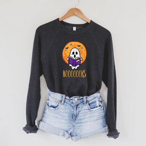 Boooks Moon Ghost Reading Halloween Bookworm Librarian Book Raglan Sleeve Sweatshirt - Bookorys AU