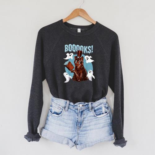 Booooks Cat Reading Book Ghosts Halloween Librarian Teacher For Men Women Kids Raglan Sleeve Sweatshirt - Bookorys
