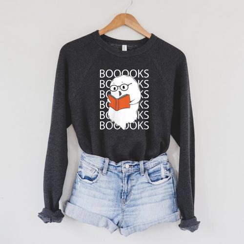 Booooks Cute Ghost Reading Books Halloween For Teacher &Kids Raglan Sleeve Sweatshirt - Bookorys