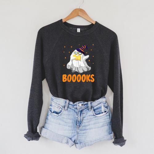 Booooks Funny Halloween Cute Ghost Book Reading Raglan Sleeve Sweatshirt - Bookorys CA