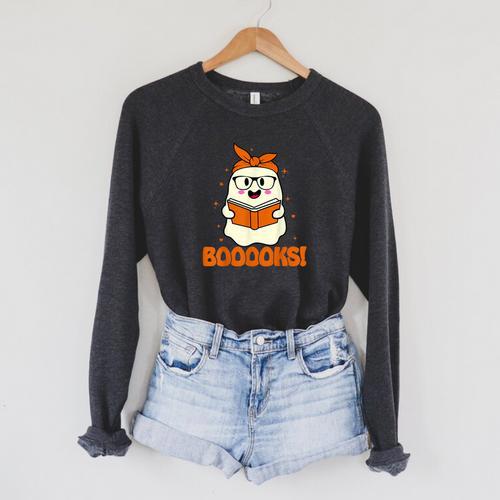 Booooks Ghost Boo Read Books Library Teacher Halloween Cute For Men Women Kids Raglan Sleeve Sweatshirt - Bookorys
