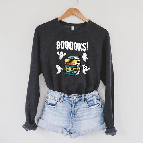 Booooks Ghost Reading Books Halloween Librarian Teacher Raglan Sleeve Sweatshirt - Bookorys CA