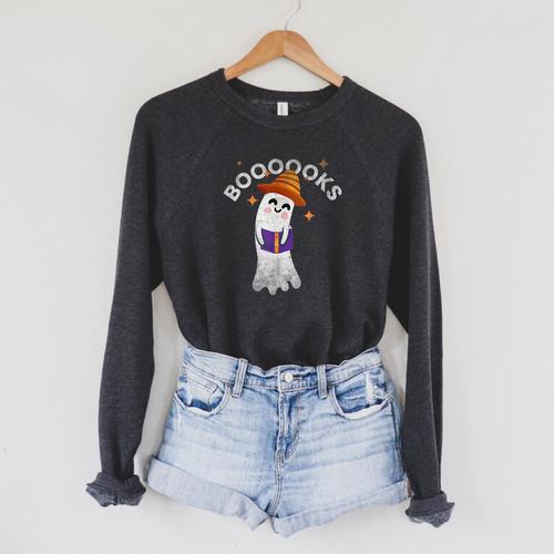 Boooooks Halloween Ghost Reading Book For Teacher & Student For Men Women Kids Raglan Sleeve Sweatshirt - Bookorys CA