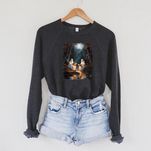 Camping Sheet Ghost Reading Book At Campfire Halloween Raglan Sleeve Sweatshirt - Bookorys CA