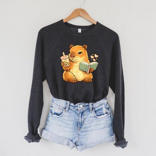 Capybara Reading a Book With Bubble Tea Raglan Sleeve Sweatshirt - Bookorys
