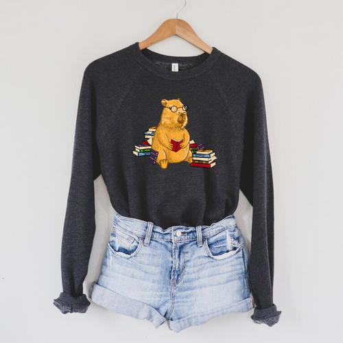 Capybara Reading Books Raglan Sleeve Sweatshirt - Bookorys