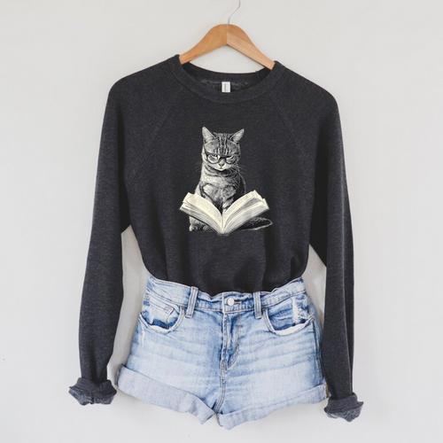 Cat Bookworm Reading Book Graphic Raglan Sleeve Sweatshirt - Bookorys AU