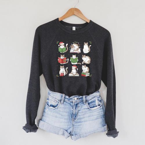 Cat Reading Book Funny Christmas Cat Book Lover Librarian Men Women Kids Raglan Sleeve Sweatshirt - Bookorys DE