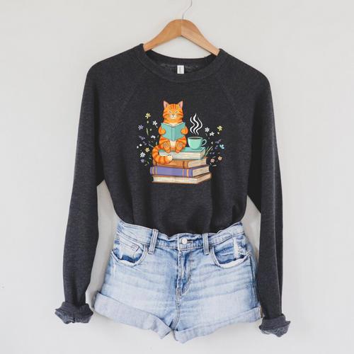 Cat Reading Book Lover Coffee Books Teacher Librarian Cat Raglan Sleeve Sweatshirt - Bookorys
