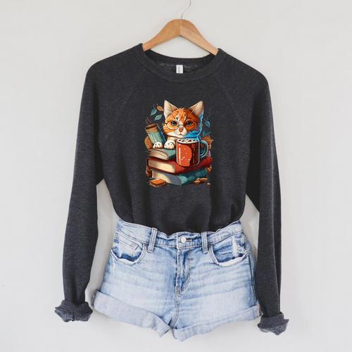 Cat Reading A Book Men Women Kids Raglan Sleeve Sweatshirt - Bookorys AU