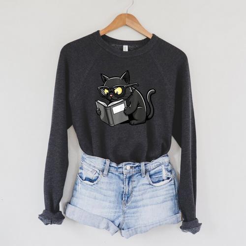Cat Reading a Book Nerd Kitty Bookworm Raglan Sleeve Sweatshirt - Bookorys AU