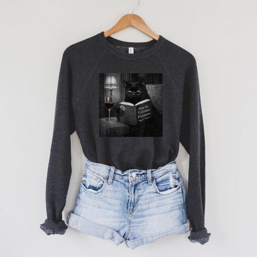 Cat Reading Book Retro Cat Photo Humor Raglan Sleeve Sweatshirt - Bookorys AU