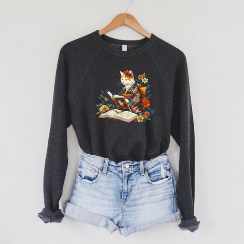 Cat Reading A Book In Traditional Japanese Clothing Kimono Raglan Sleeve Sweatshirt - Bookorys AU