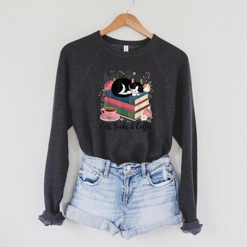 Cats Books & Coffee For Cat Lovers In Relaxed Weekend Raglan Sleeve Sweatshirt - Bookorys AU