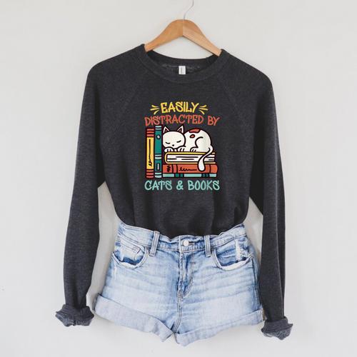 Cats And Books Easily Distracted By Cats And Books Raglan Sleeve Sweatshirt - Bookorys