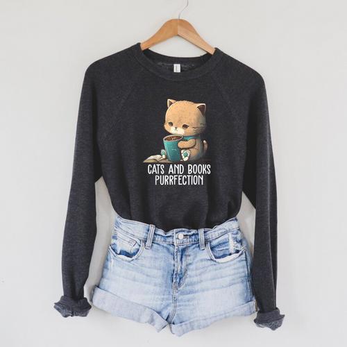 Cats And Books Purrfection Book Lover Book Nerd Librarian Raglan Sleeve Sweatshirt - Bookorys AU