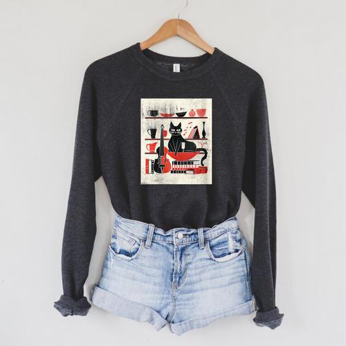 Cats Music Books Lover Essentials Red Retro Silkscreen Raglan Sleeve Sweatshirt - Bookorys AU