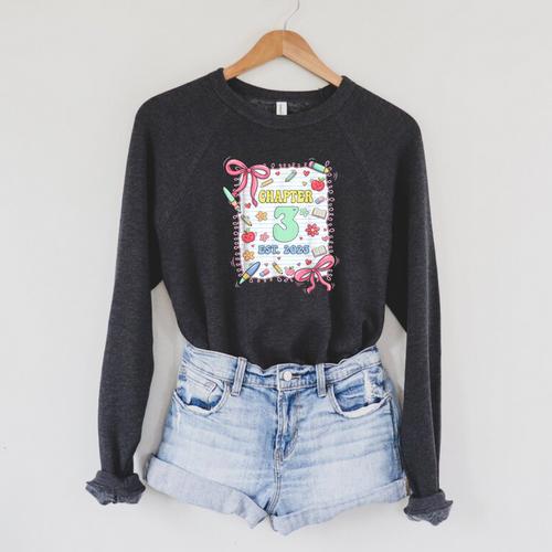 Chapter 3 Years Old 3rd Birthday Book Lover Coquette Bow Raglan Sleeve Sweatshirt - Bookorys
