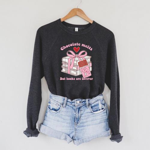 Chocolate Melts But Books Are Forever Booktrovert Raglan Sleeve Sweatshirt - Bookorys AU