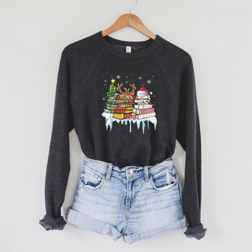 Christmas Tree Snowman Reindeer Book Stack Librarian Raglan Sleeve Sweatshirt - Bookorys