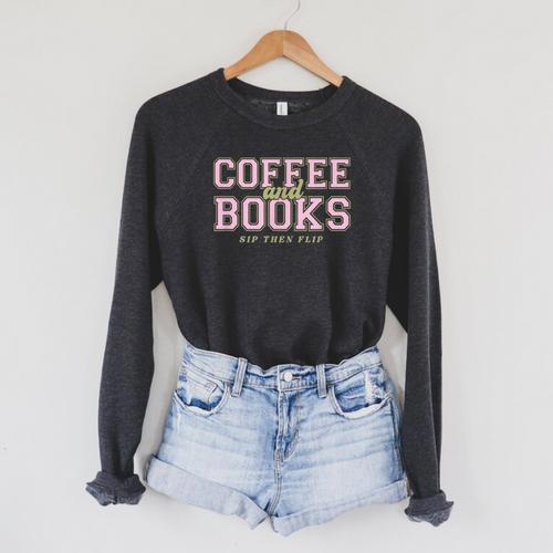 Coffee And Books Sip Then Flip Retro Varsity Reading Raglan Sleeve Sweatshirt - Bookorys DE