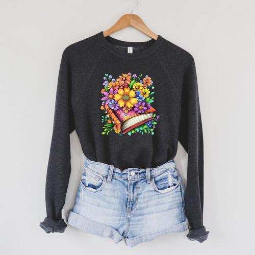 Colorful Flowers Around Vintage Story Book Art Raglan Sleeve Sweatshirt - Bookorys CA