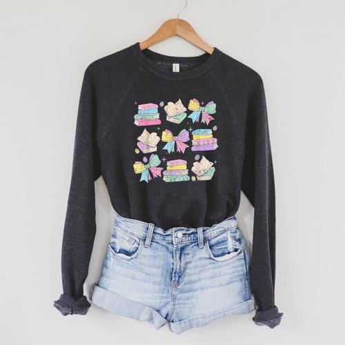 Coquette Bunny Bow Rabbit Teacher Books Easter Retro Raglan Sleeve Sweatshirt - Bookorys DE