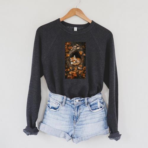 Cottagecore Fox Fox Books Flowers Wildlife Nature Raglan Sleeve Sweatshirt - Bookorys CA