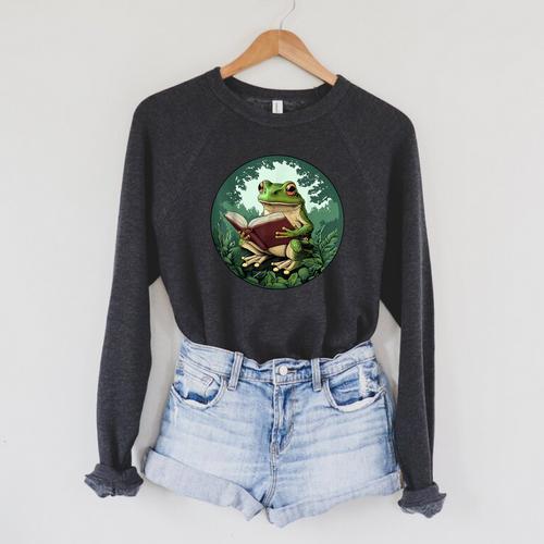 Cottagecore Frog Reading a Book Raglan Sleeve Sweatshirt - Bookorys AU