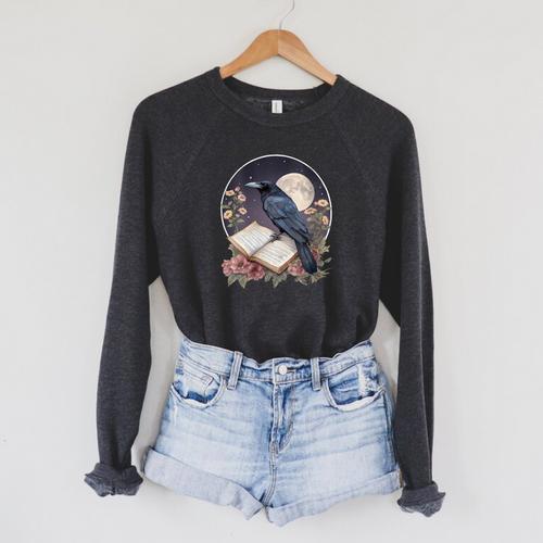 Crow Reading Book Crow Cottagecore Botanical Flowers Vintage Raglan Sleeve Sweatshirt - Bookorys