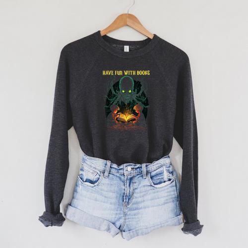 Cthulhu Necronomicon Fun With Books Cosmic Horror Cthulhu Raglan Sleeve Sweatshirt - Bookorys CA