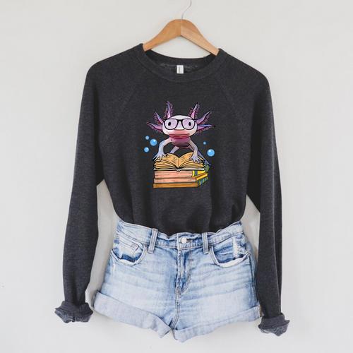 Cute Axolotl Read Book Shirt Kids Boy Girl Salamander Raglan Sleeve Sweatshirt - Bookorys