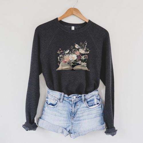 Cute Bird Wildflower Book Cottagecore Bookworms Librarian Raglan Sleeve Sweatshirt - Bookorys AU