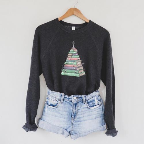 Cute Bookmas Christmas Book Tree Book Lover Teacher Raglan Sleeve Sweatshirt - Bookorys CA