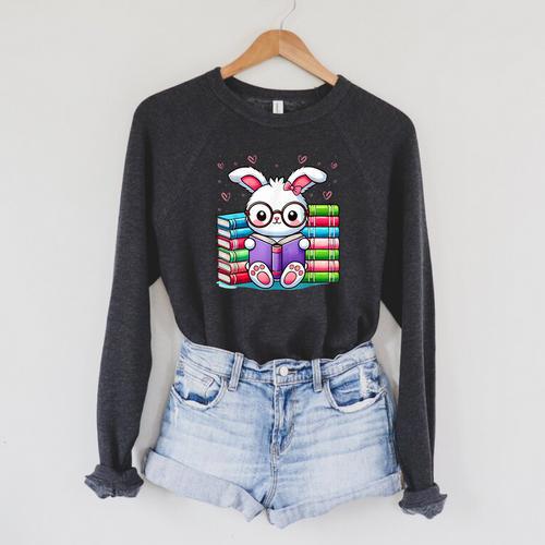 Cute Bunny Reader Rabbit Book Lover Reading Raglan Sleeve Sweatshirt - Bookorys AU