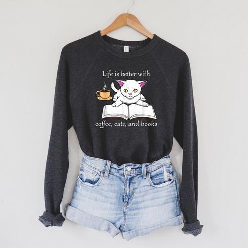 Cute Cat Book Reading Coffee Raglan Sleeve Sweatshirt - Bookorys AU
