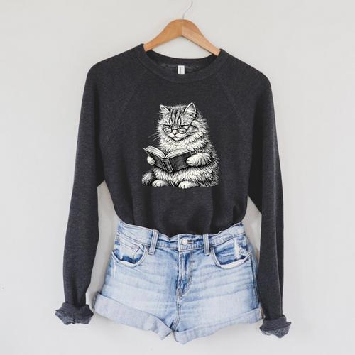Cute Cat Reading Book Adorable Cats Books Lover Raglan Sleeve Sweatshirt - Bookorys