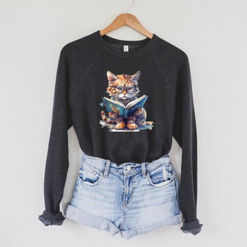 Cute Cat Wearing Glasses Reading a Book Raglan Sleeve Sweatshirt - Bookorys UK