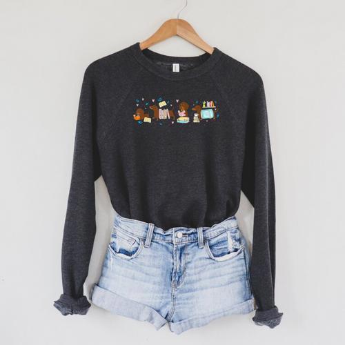Cute Dachshund Book Reading Wiener Dog Bookish Librarian Raglan Sleeve Sweatshirt - Bookorys UK