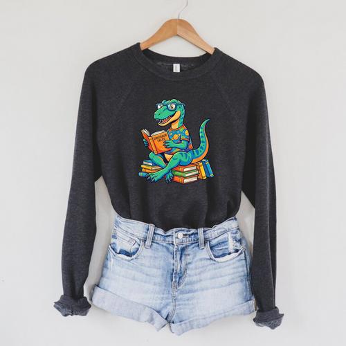 Cute Dinosaur Tales T Rex Reading Books Lover Raglan Sleeve Sweatshirt - Bookorys CA