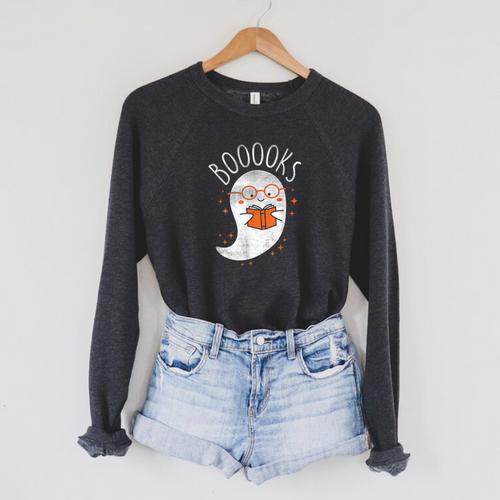Cute Ghost Book Reading Halloween Teacher Top Raglan Sleeve Sweatshirt - Bookorys DE