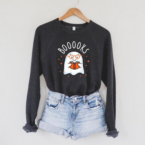 Cute Ghost Reading Book Booooks Teacher Halloween School Kid Raglan Sleeve Sweatshirt - Bookorys