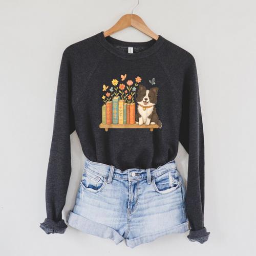 Cute Kawaii Border Collie Dog Books Flowers Raglan Sleeve Sweatshirt - Bookorys